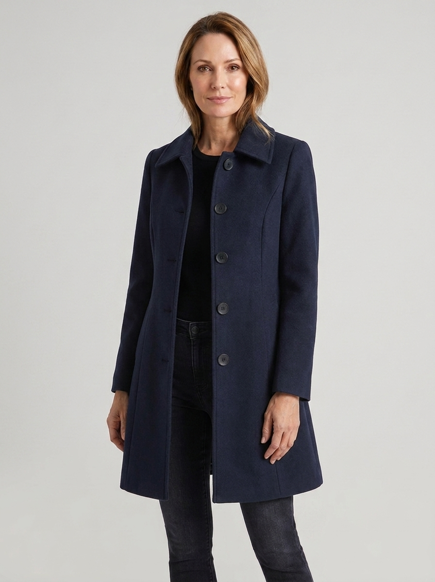 Women's navy single-breasted wool winter coat, full-body front