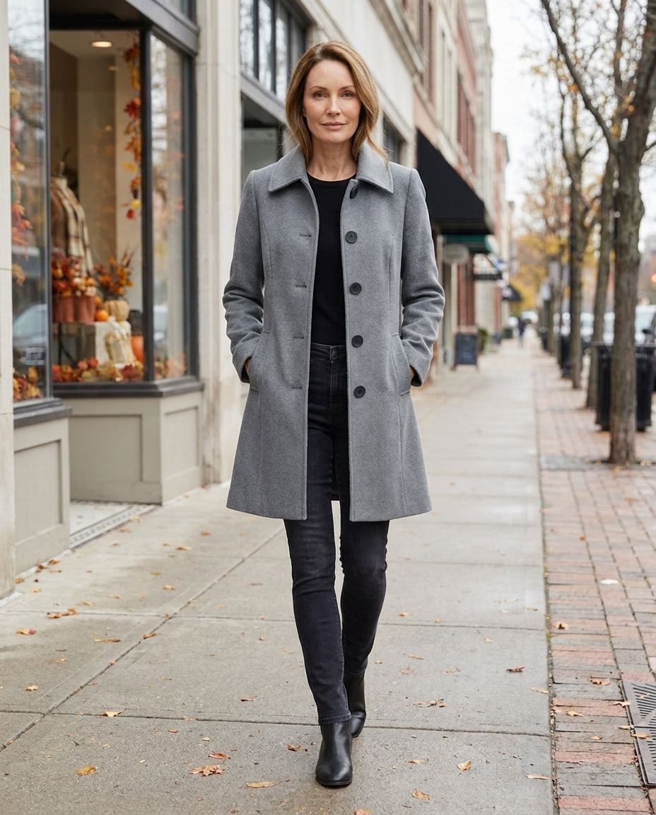 Woman wearing grey wool coat walking a city sidewalk in autumn