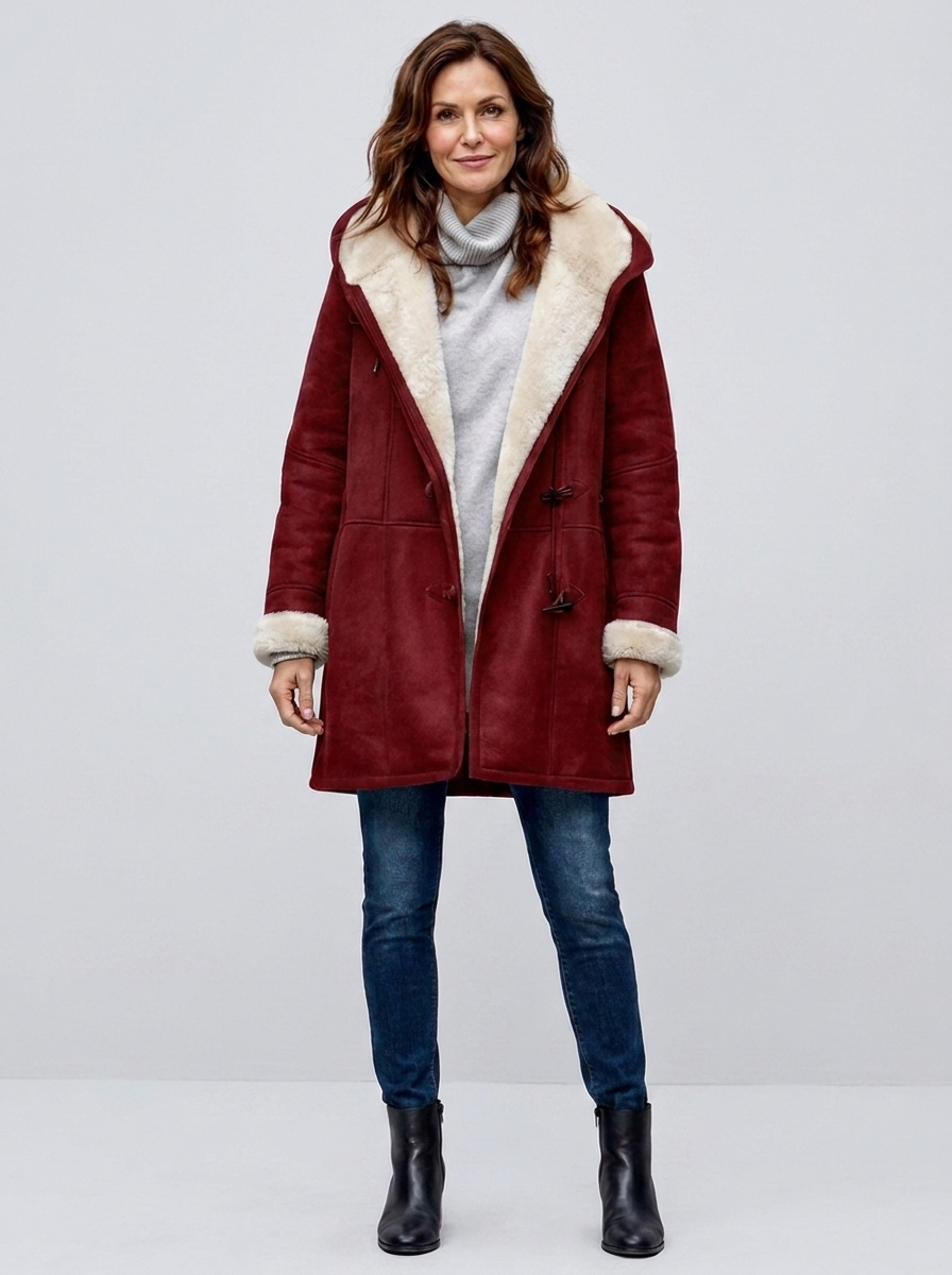 Woman wearing wine red hooded sherpa-lined winter coat