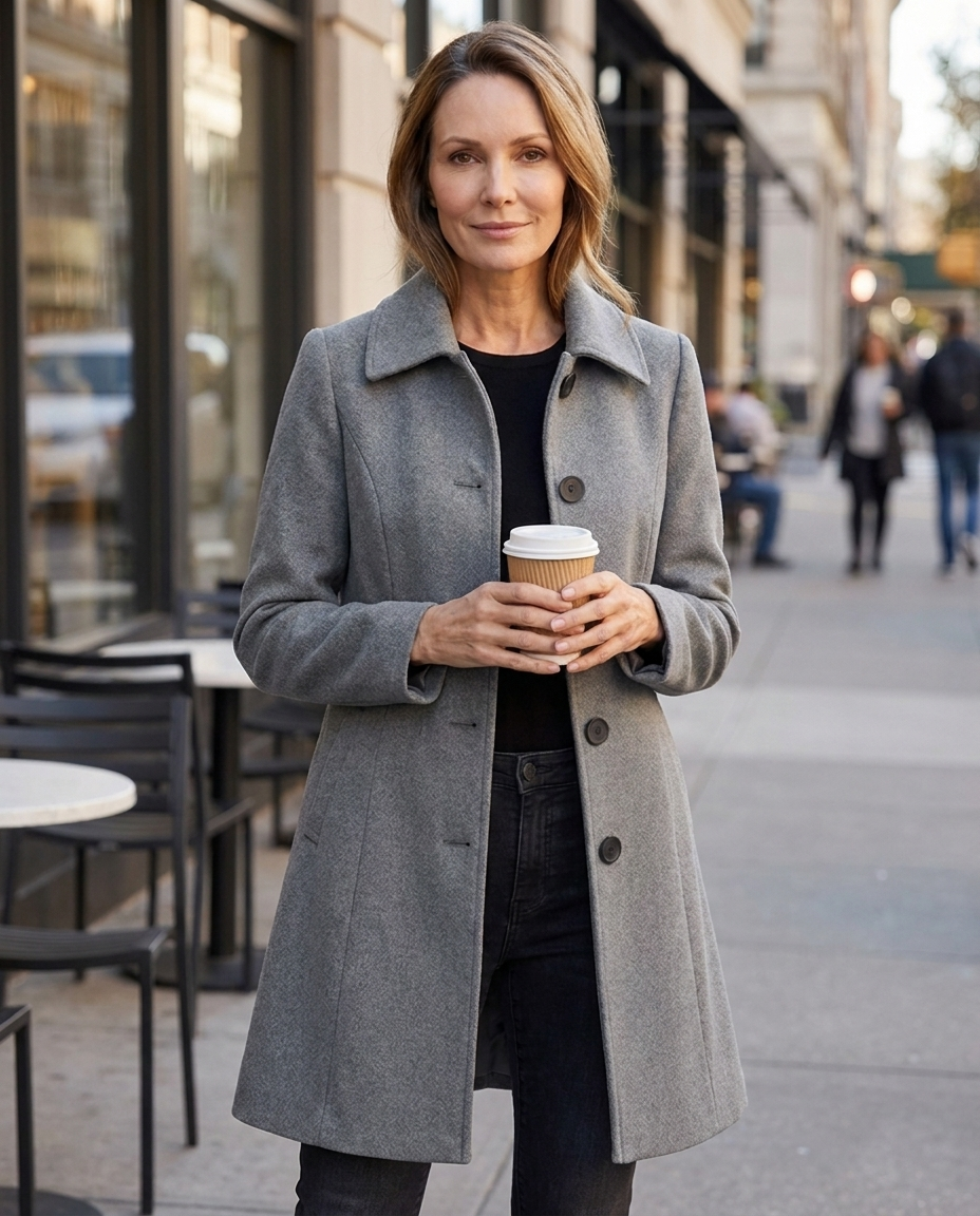 Woman in grey wool coat holding coffee outside a city cafe
