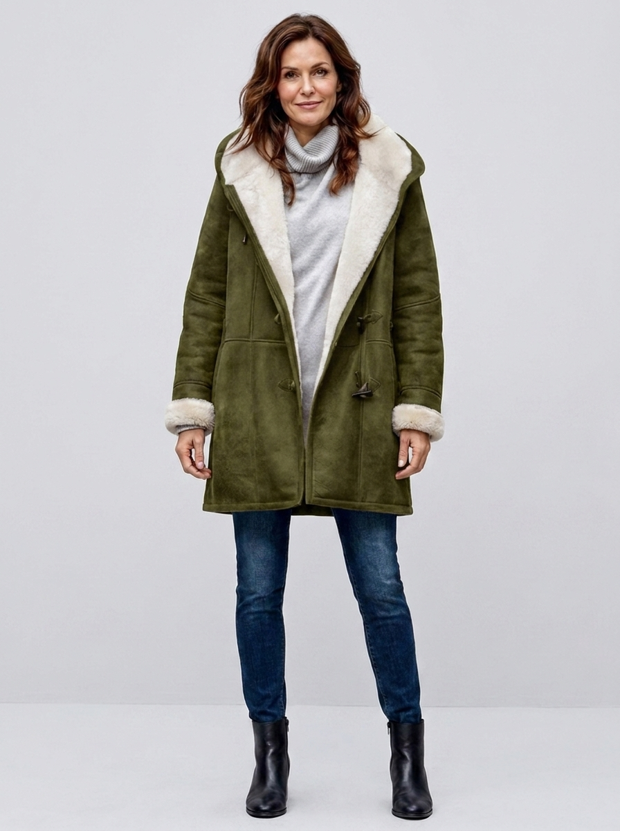 Woman wearing olive green hooded sherpa-lined winter coat