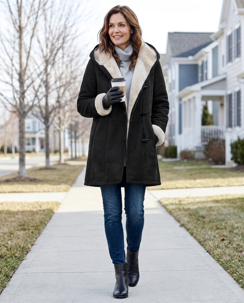 Woman walking outdoors in black sherpa-lined winter coat with coffee