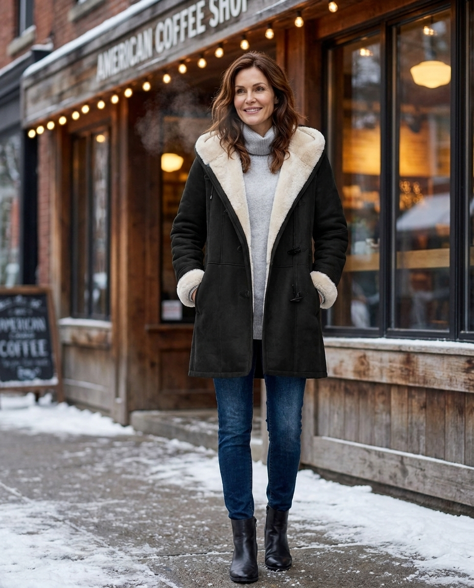 Woman in black sherpa-lined winter coat outside a coffee shop