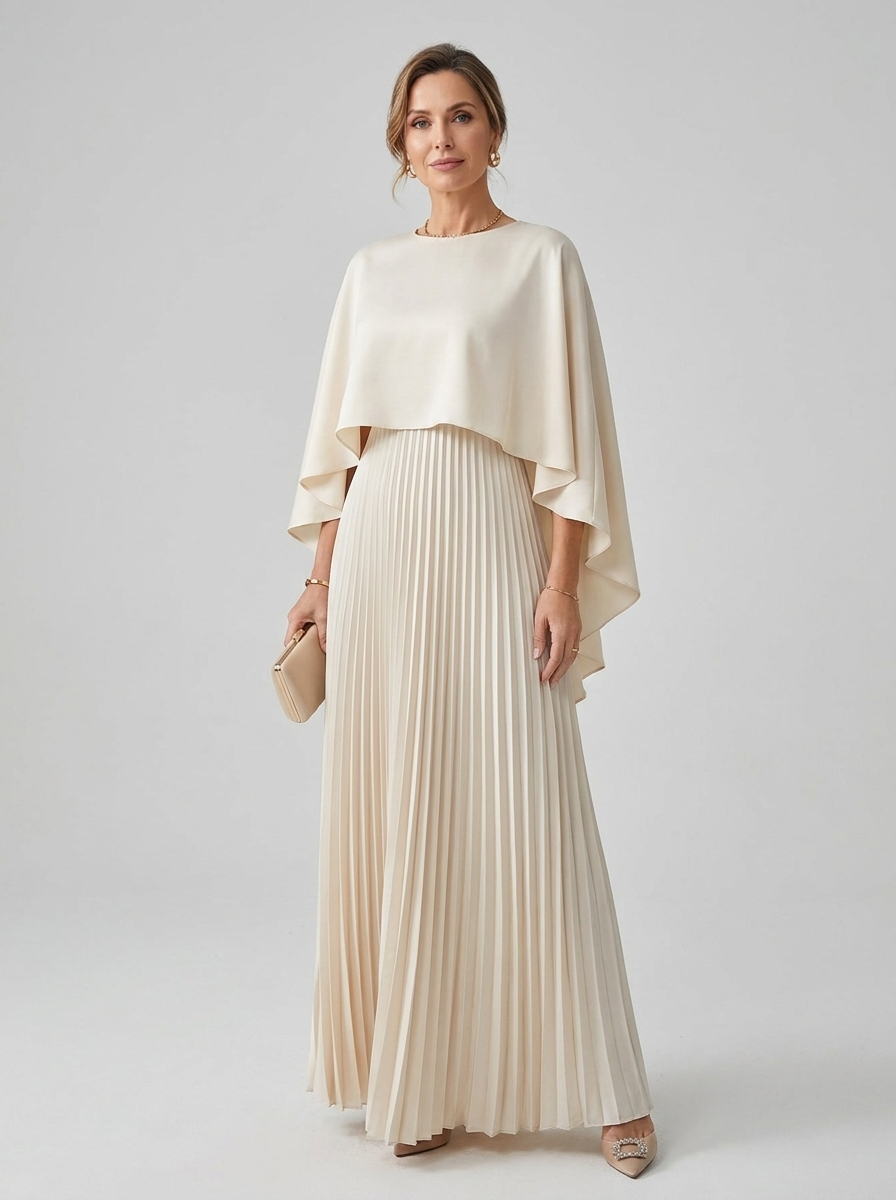 Women's ivory satin cape pleated maxi dress, front full-body