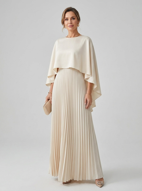 Women's ivory satin cape pleated maxi dress, front full-body