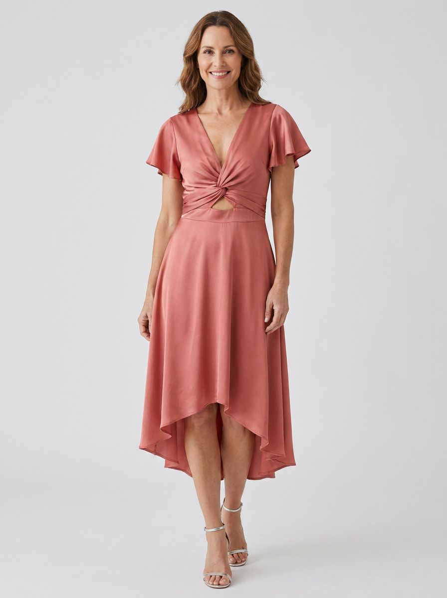 Domitille | Women's Satin V-Neck Flutter-Sleeve Midi Dress