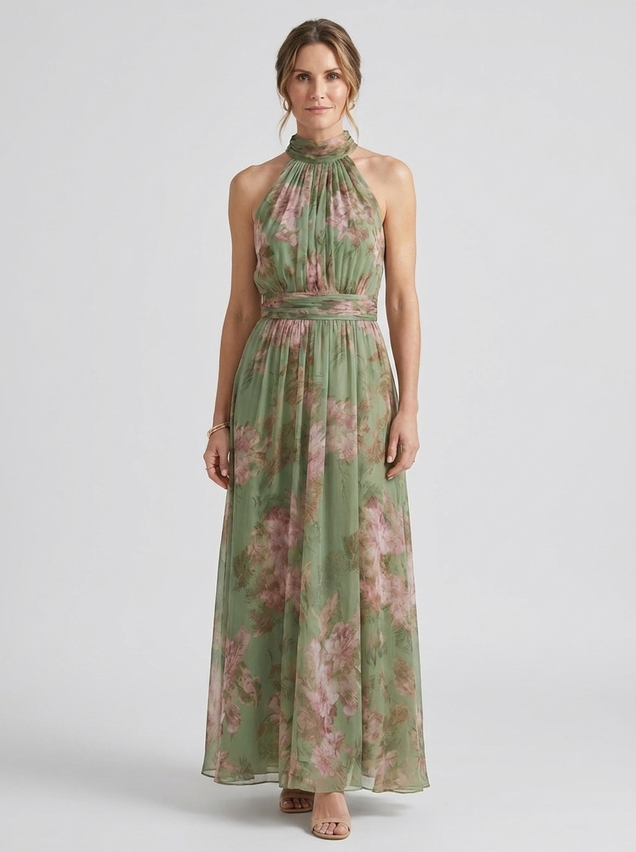 Woman wearing Hyacinthe sage-green floral chiffon halter maxi dress, front studio view
