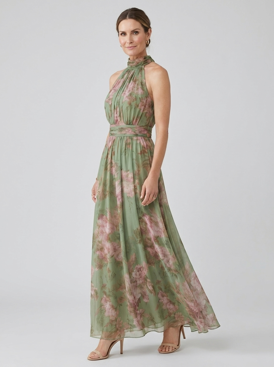 Hyacinthe floral chiffon halter maxi dress, three-quarter studio view