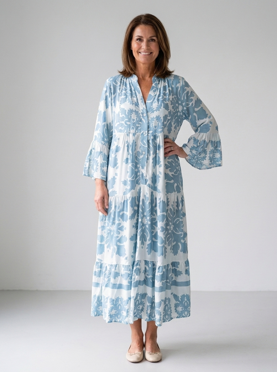 Angelique boho printed long sleeve midi dress in blue