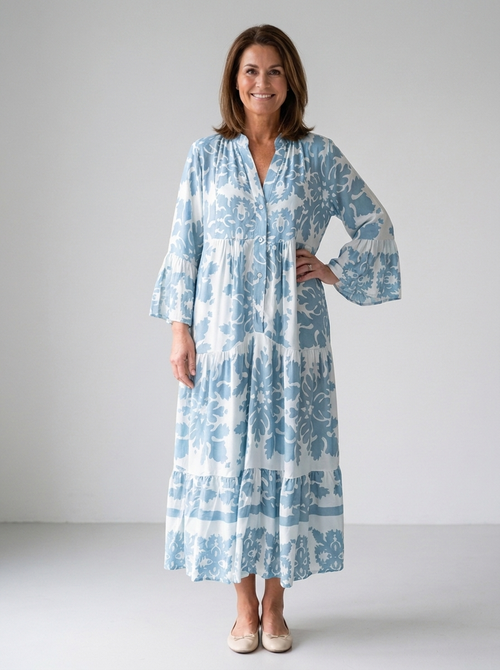 Angelique boho printed long sleeve midi dress in blue