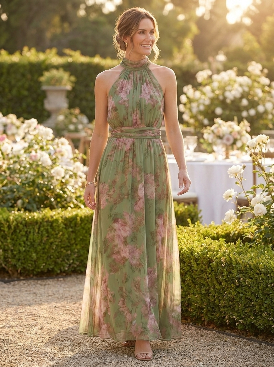 Hyacinthe floral chiffon halter maxi dress at a garden wedding reception