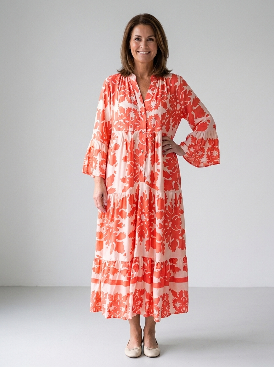 Angelique boho printed long sleeve midi dress in red