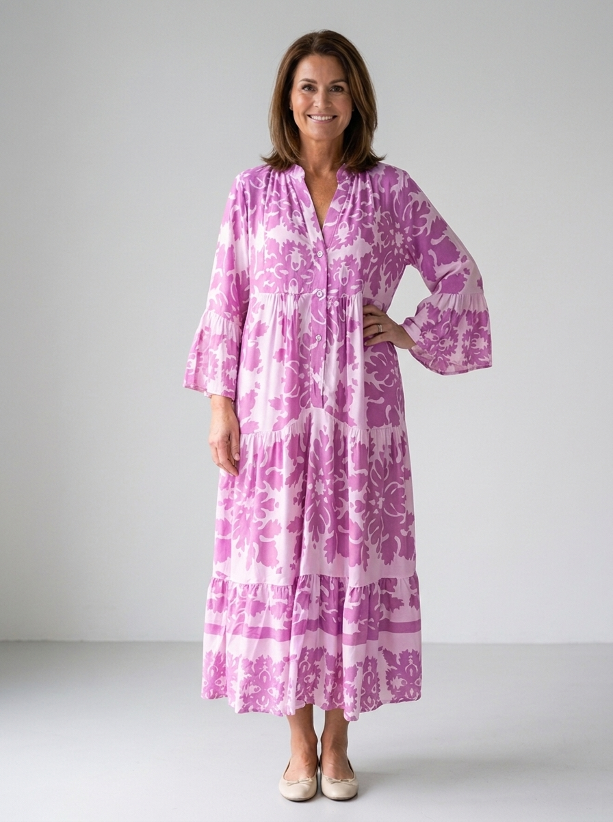 Angelique boho printed long sleeve midi dress in purple