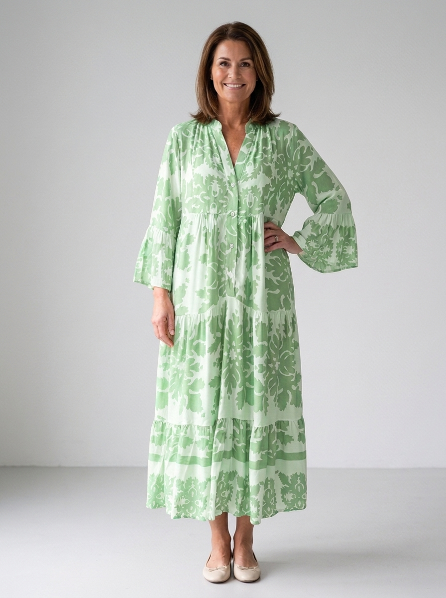 Angelique boho printed long sleeve midi dress in green