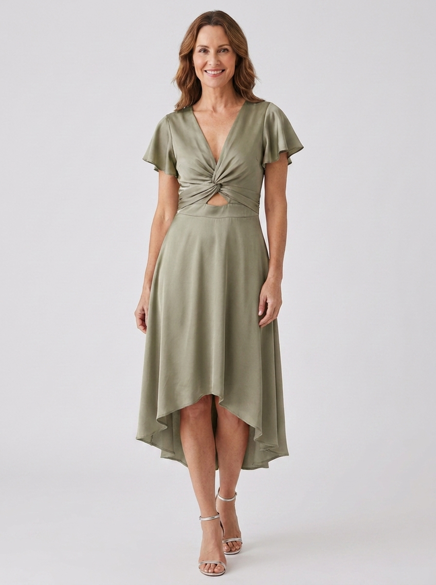 Women's tea party dress in olive satin with V-neck flutter sleeves and twist-front high-low midi skirt