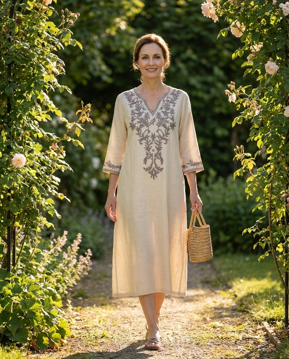 Woman in cream embroidered midi dress walking a rose garden path, tea party style