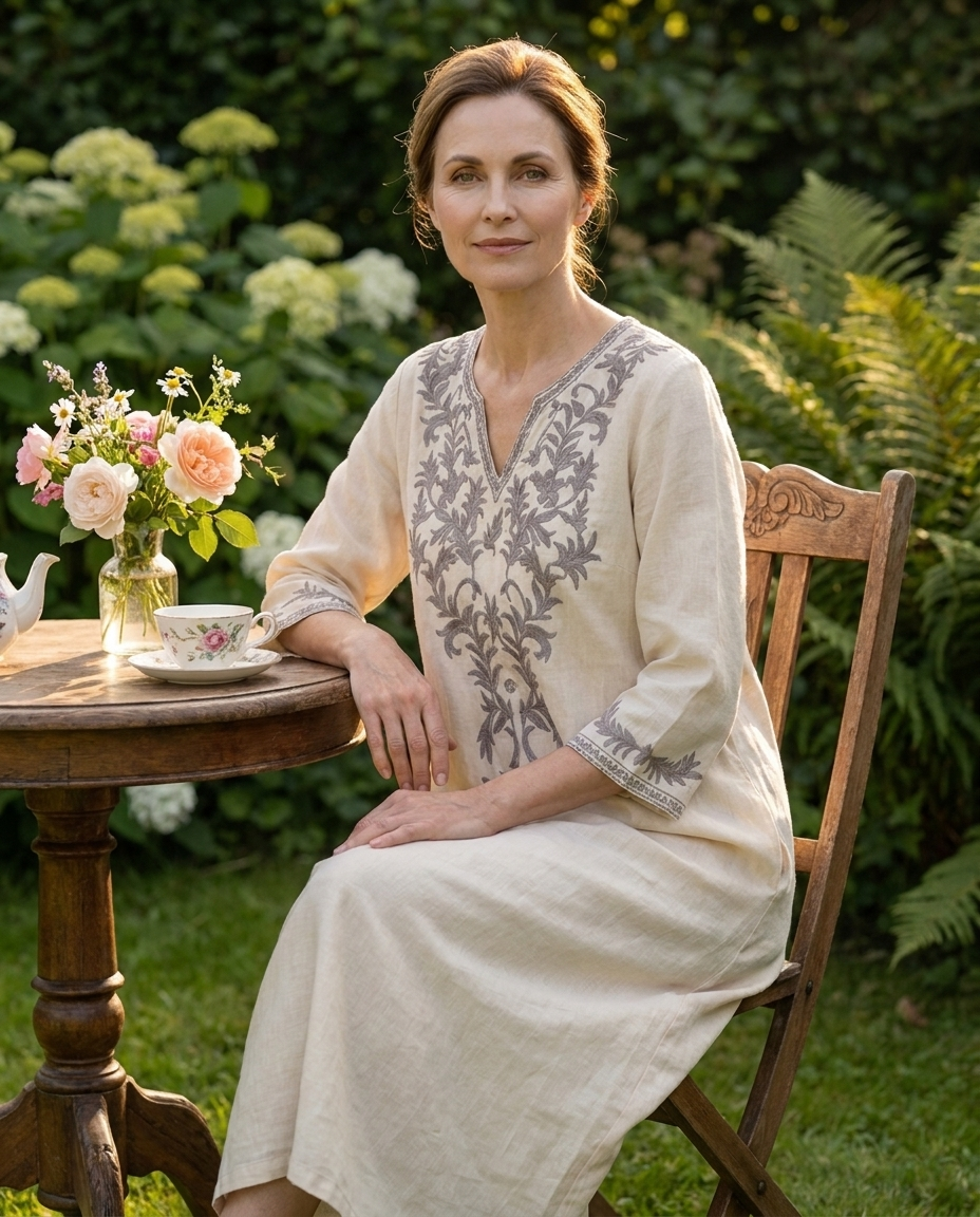 Woman in cream embroidered midi dress seated at a garden tea table with flowers