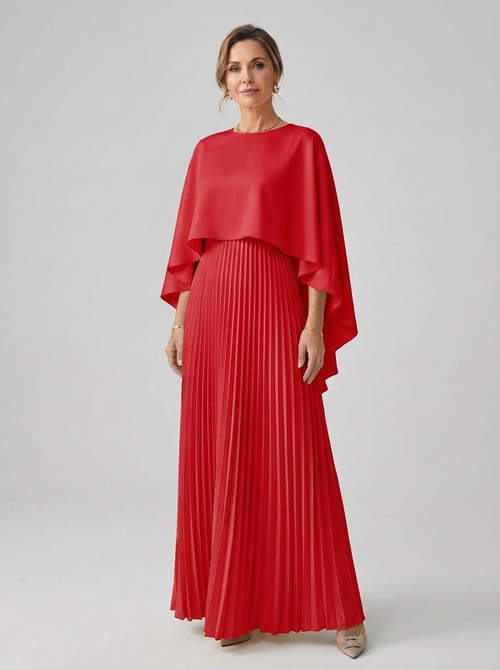 Women's red satin cape pleated maxi dress, front full-body