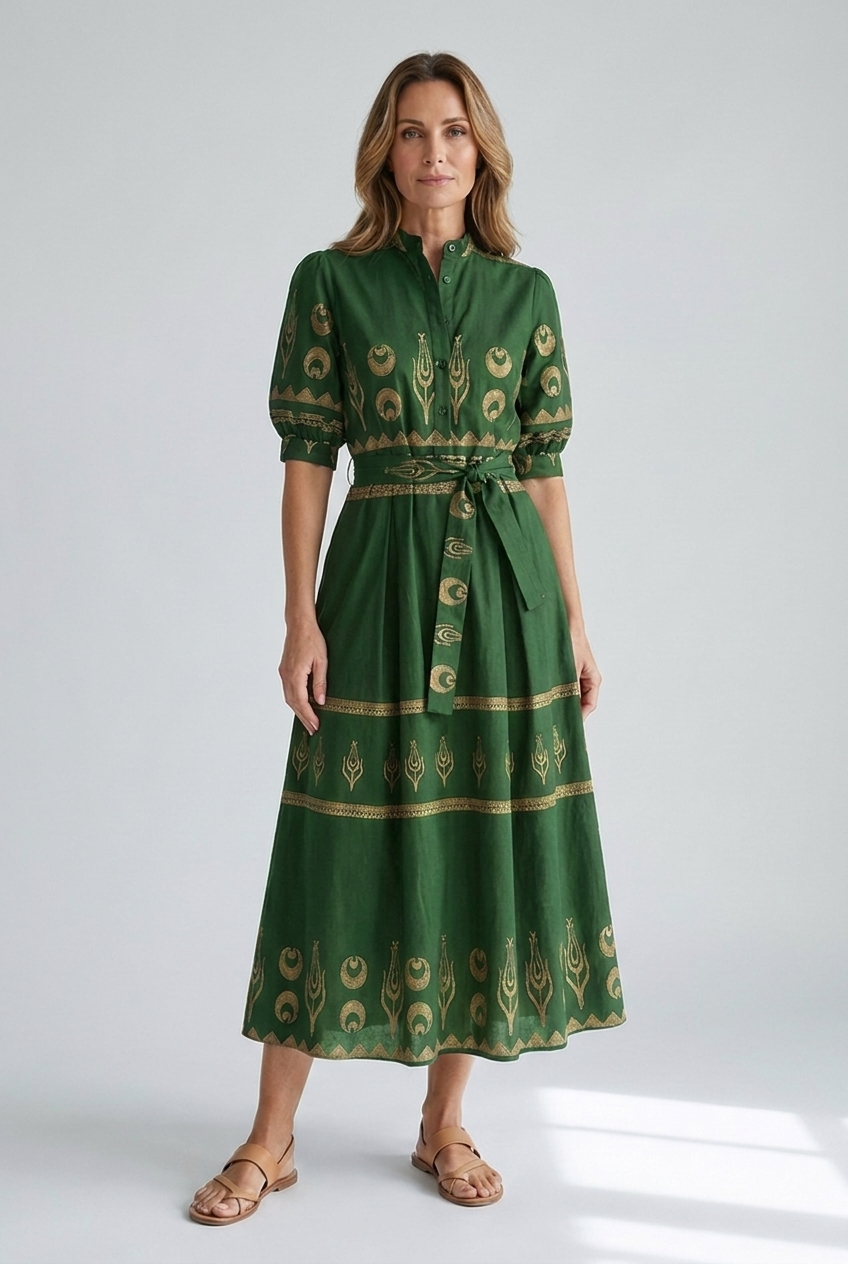 Women's boho printed belted midi dress in green with golden feather print, full-body studio