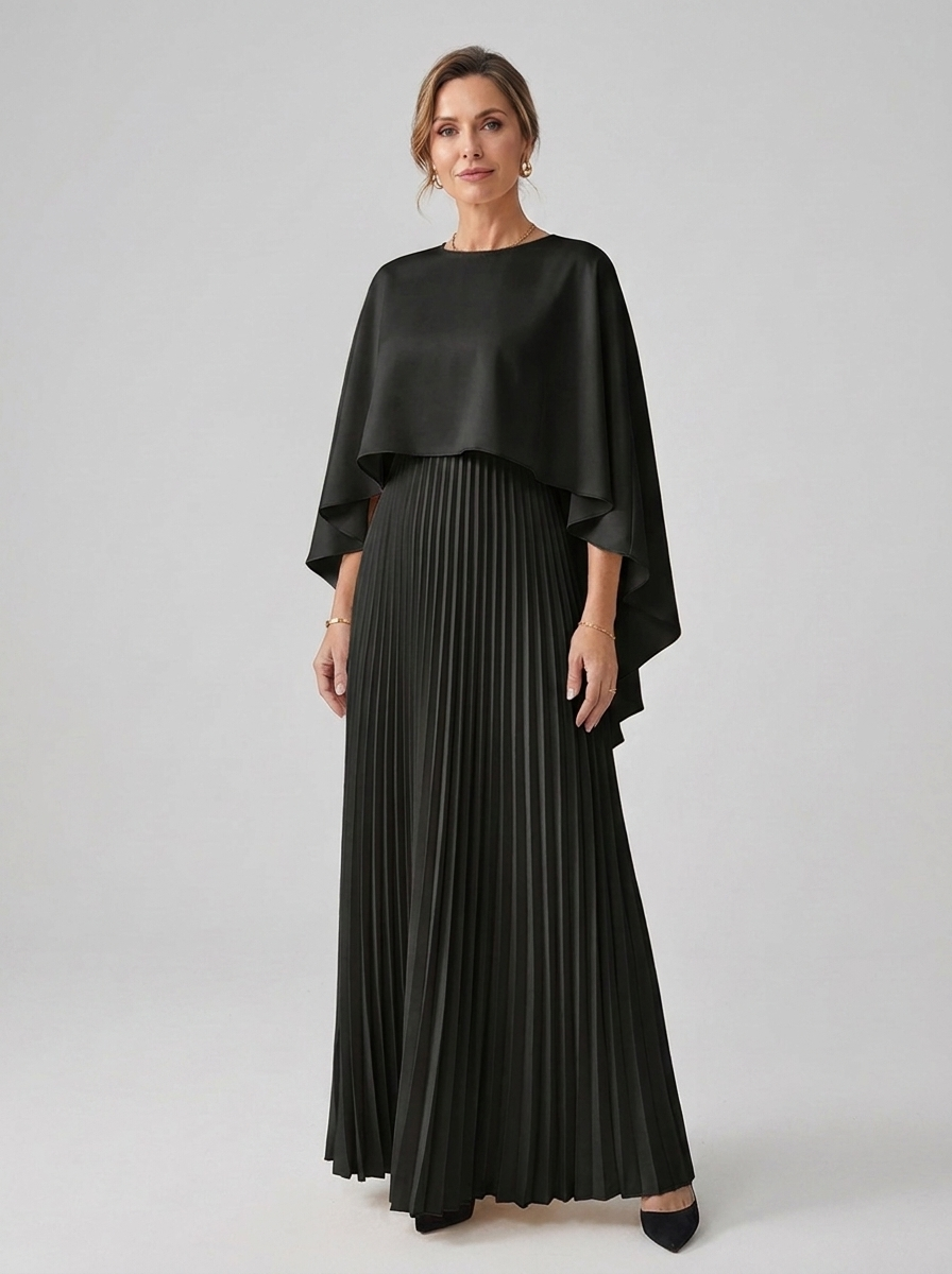Women's black satin cape pleated maxi dress, front full-body