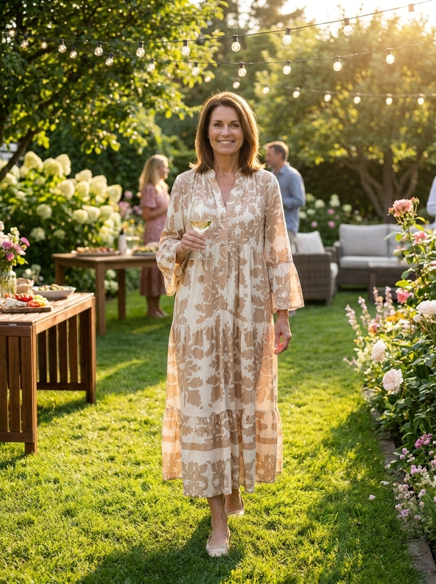 Woman in boho printed midi dress at a garden party