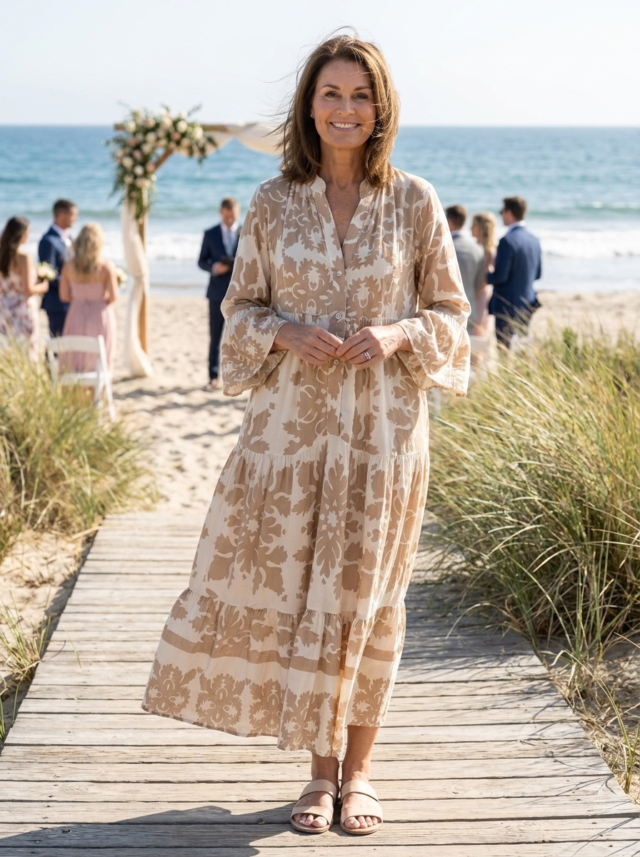 Woman in boho printed midi dress at a beach wedding