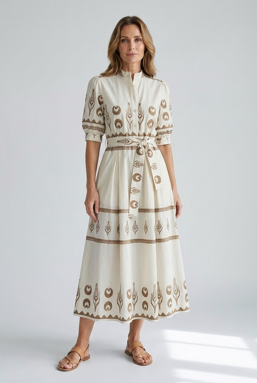 Women's boho printed belted midi dress in ivory with feather print, full-body studio