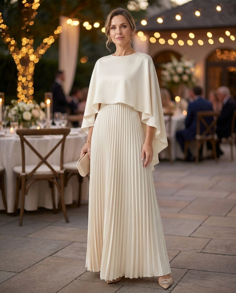 Woman in ivory satin cape maxi dress at an evening wedding reception