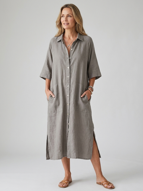 Grey boho button-front linen midi shirt dress