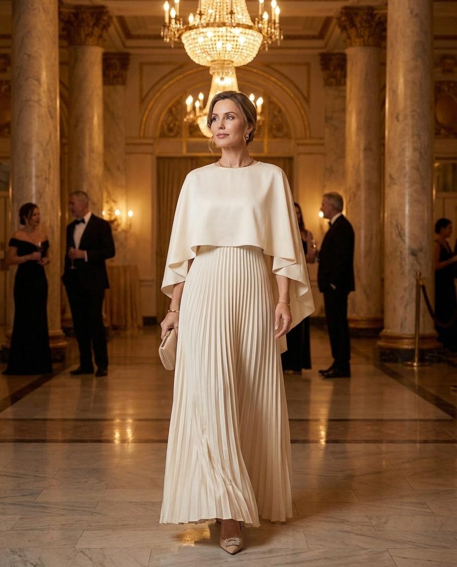 Woman in ivory satin cape maxi dress at a formal evening gala