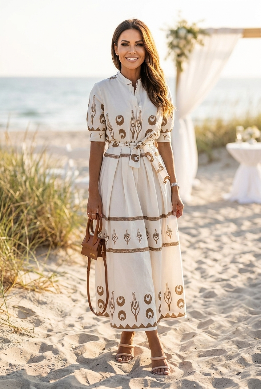 Woman in ivory boho printed midi dress at a coastal beach wedding