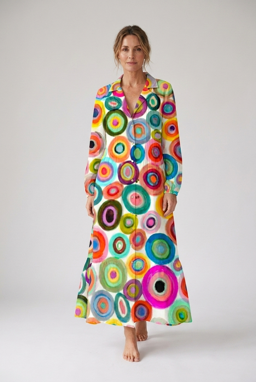 Ombeline women's boho long sleeve maxi dress in Multi Circles print