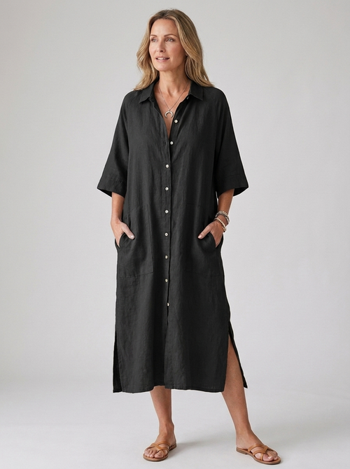 Black boho button-front linen midi shirt dress