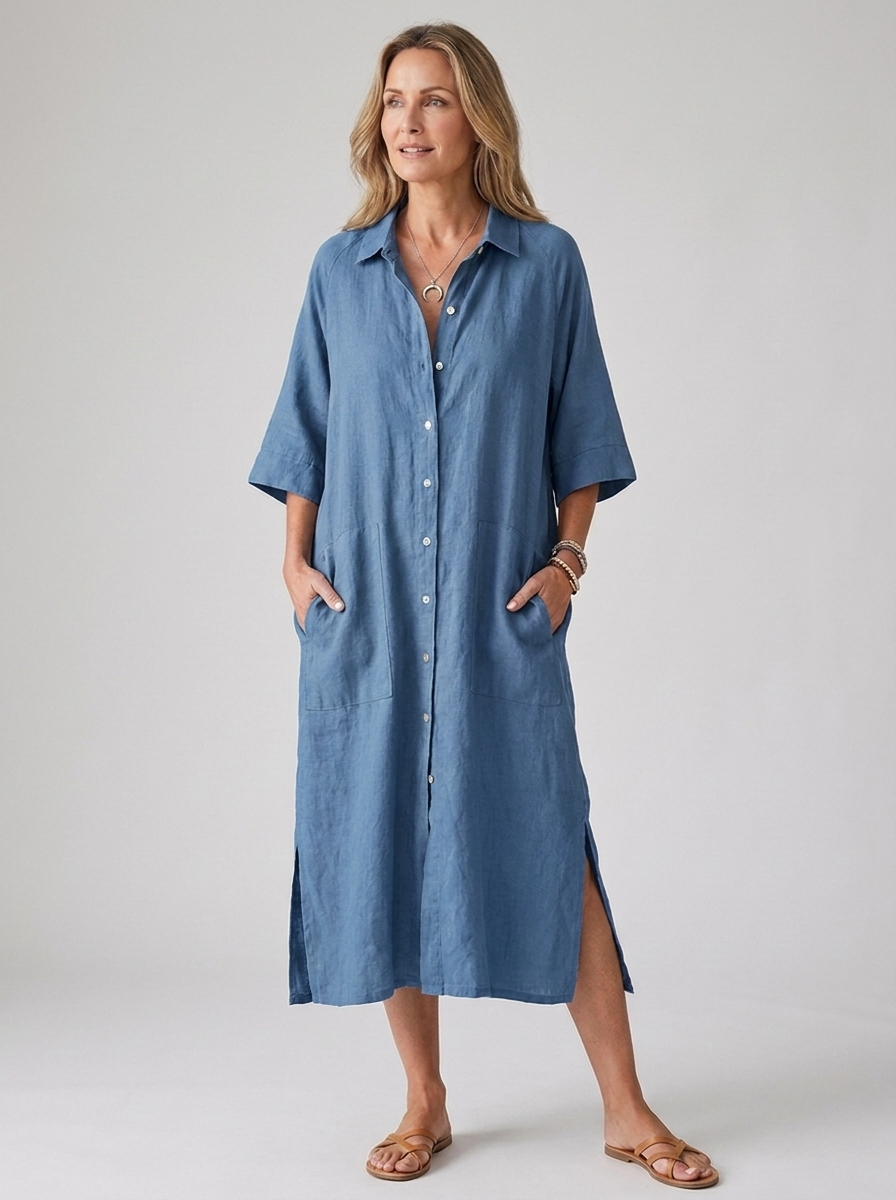 Blue boho button-front linen midi shirt dress