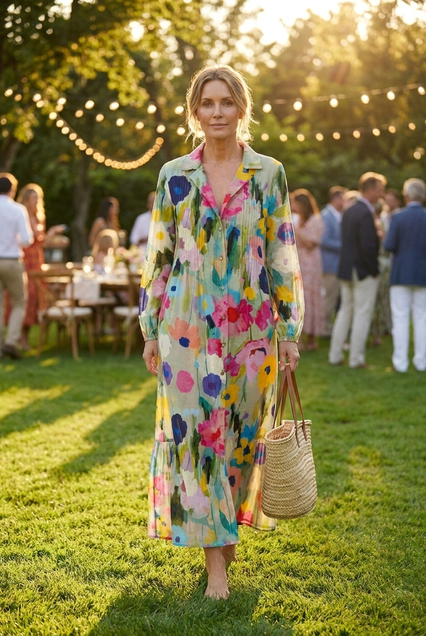 Woman wearing Ombeline boho floral maxi dress at a garden party