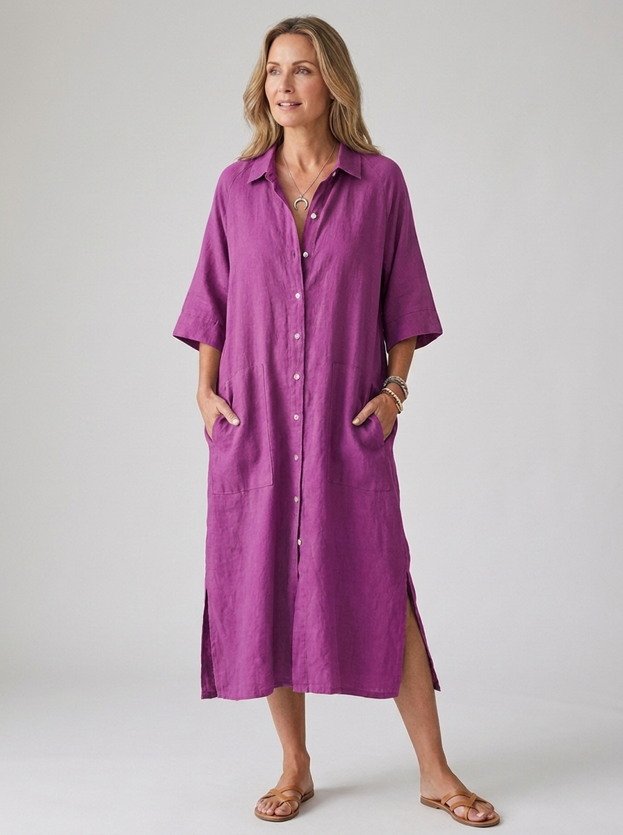 Purple boho button-front linen midi shirt dress