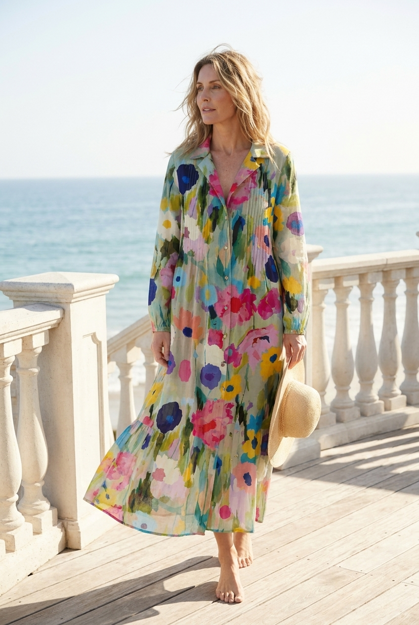 Woman wearing Ombeline boho floral maxi dress on a coastal terrace