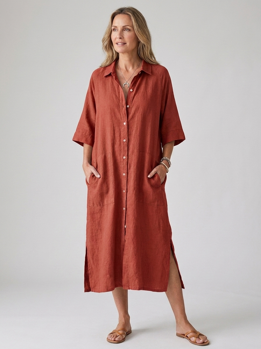 Red boho button-front linen midi shirt dress