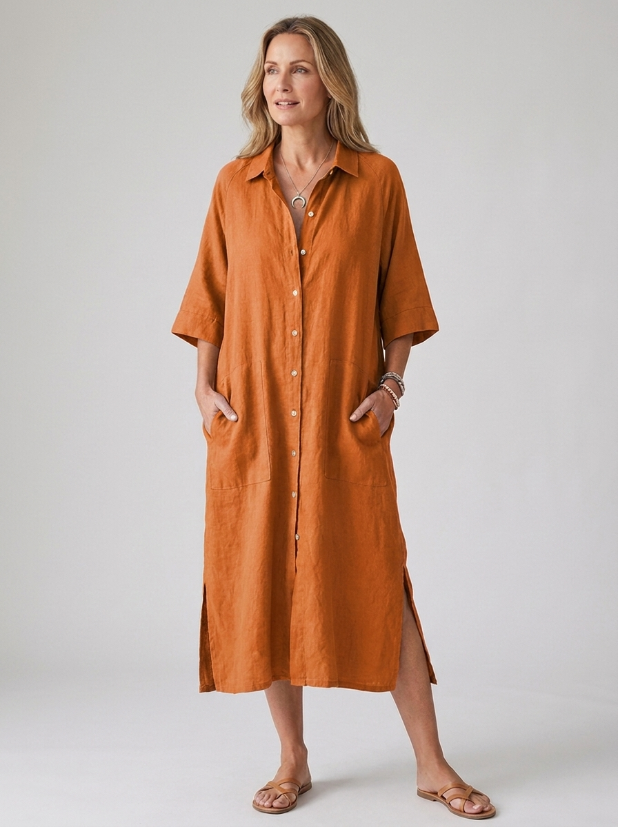 Orange boho button-front linen midi shirt dress