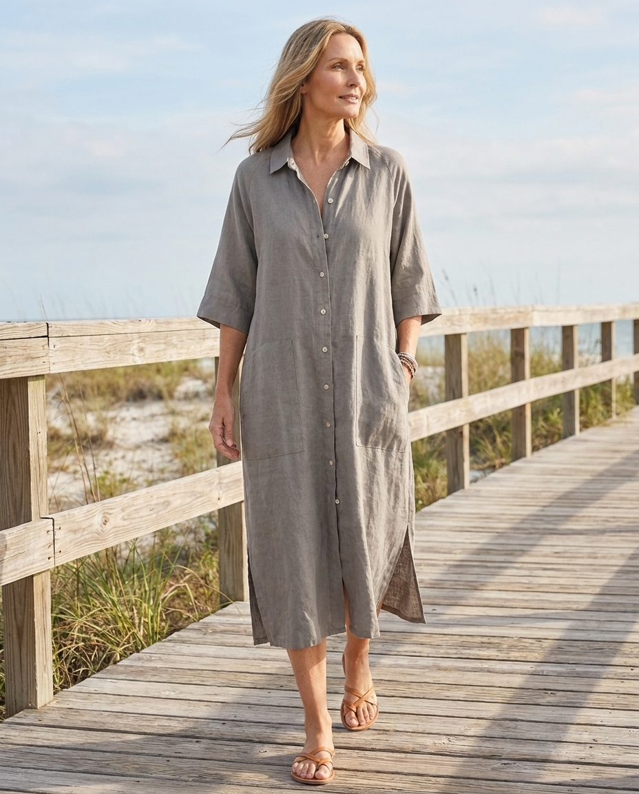 Linen midi shirt dress worn on a coastal boardwalk