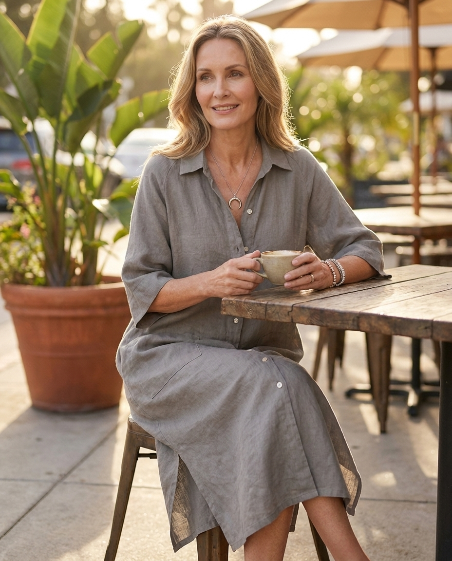 Linen midi shirt dress worn at an outdoor cafe