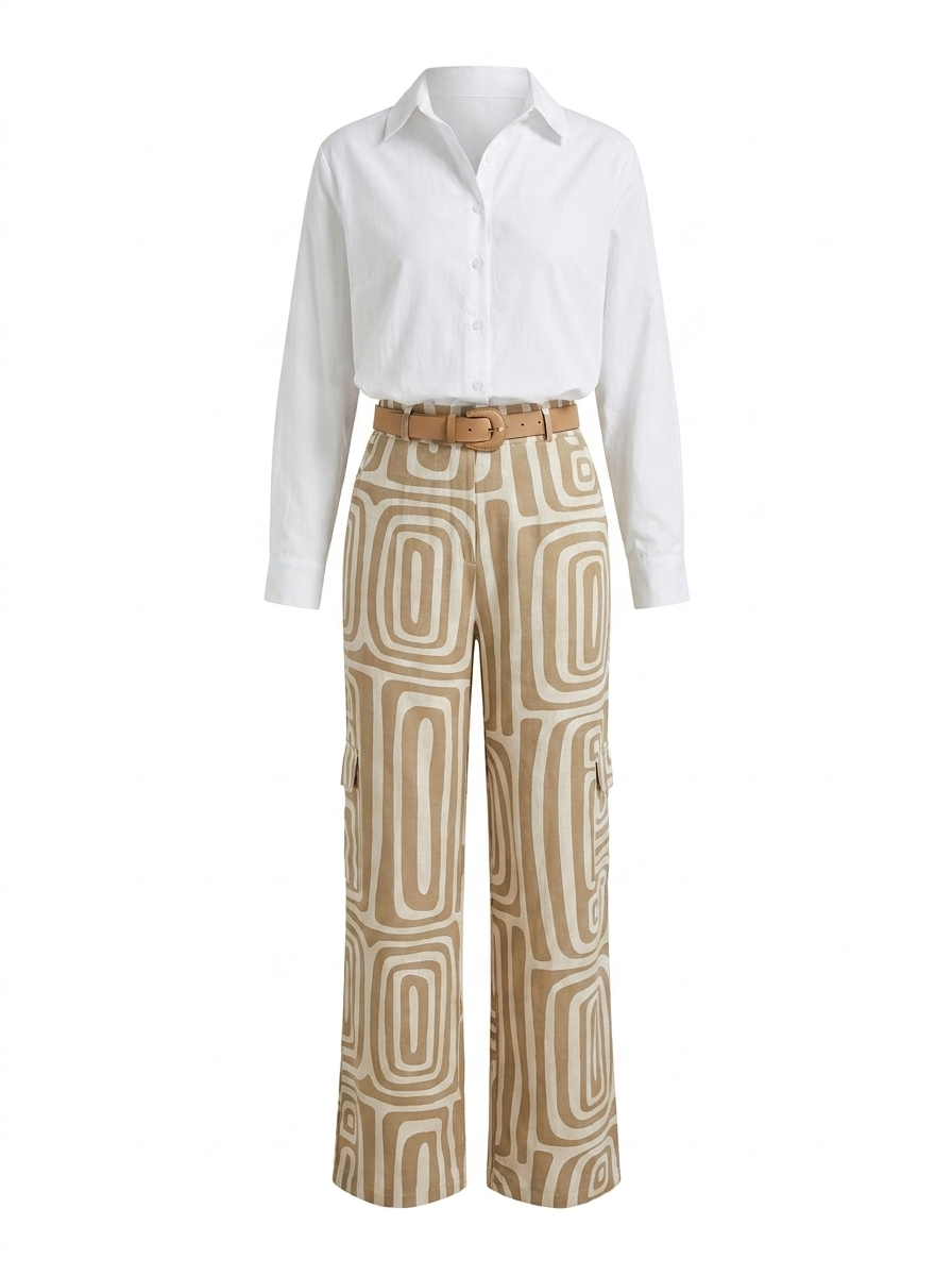Printed wide-leg pants set in khaki with white blouse and tan belt