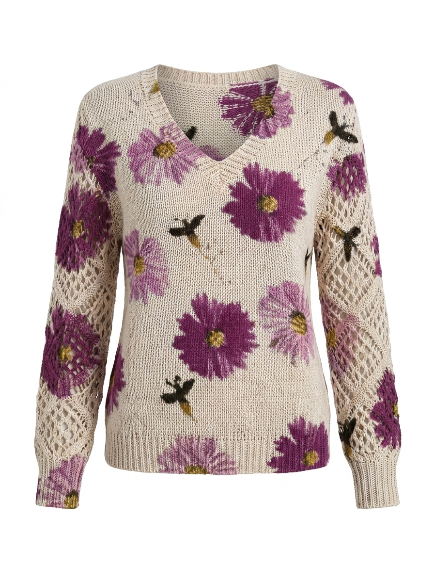 Women's floral knit V-neck sweater in cream with purple daisies and open lattice sleeves