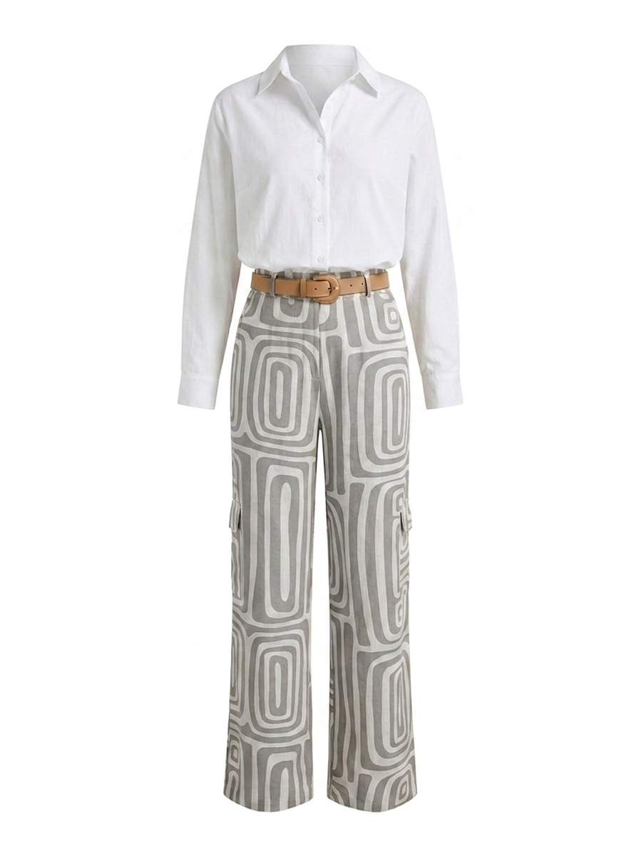 Printed wide-leg pants set in gray with white blouse and tan belt