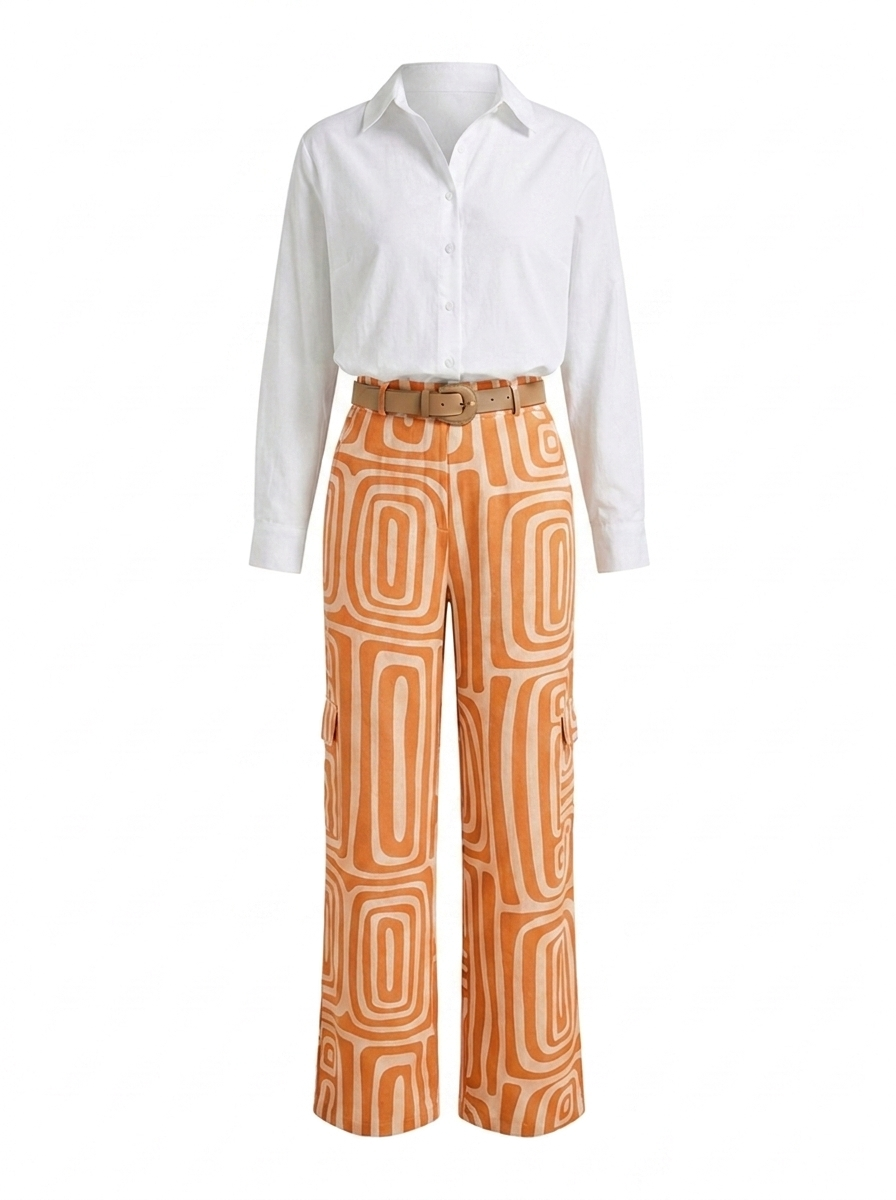 Printed wide-leg pants set in orange with white blouse and tan belt