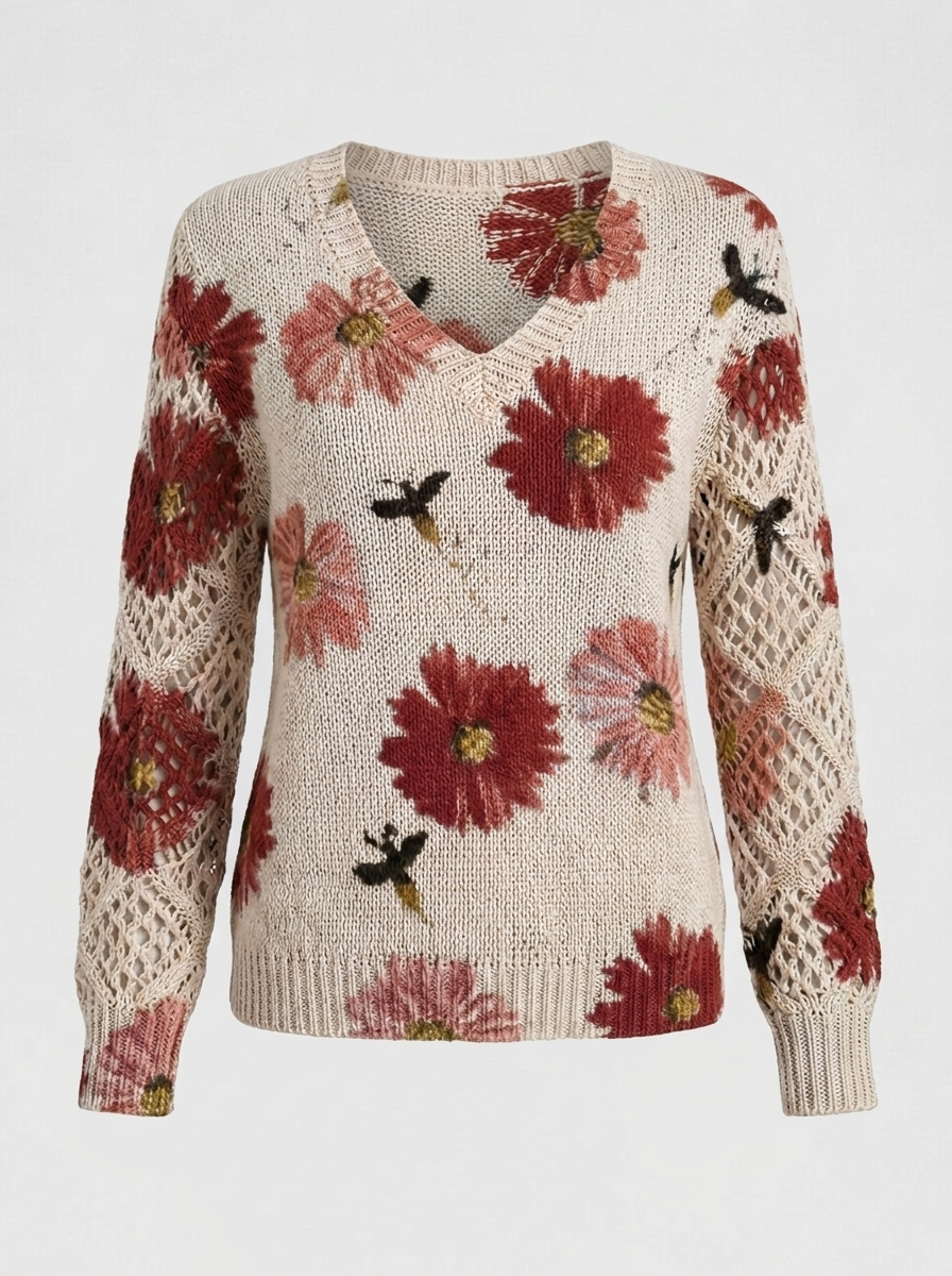 Women's floral knit V-neck sweater in cream with rust-red daisies and open lattice sleeves