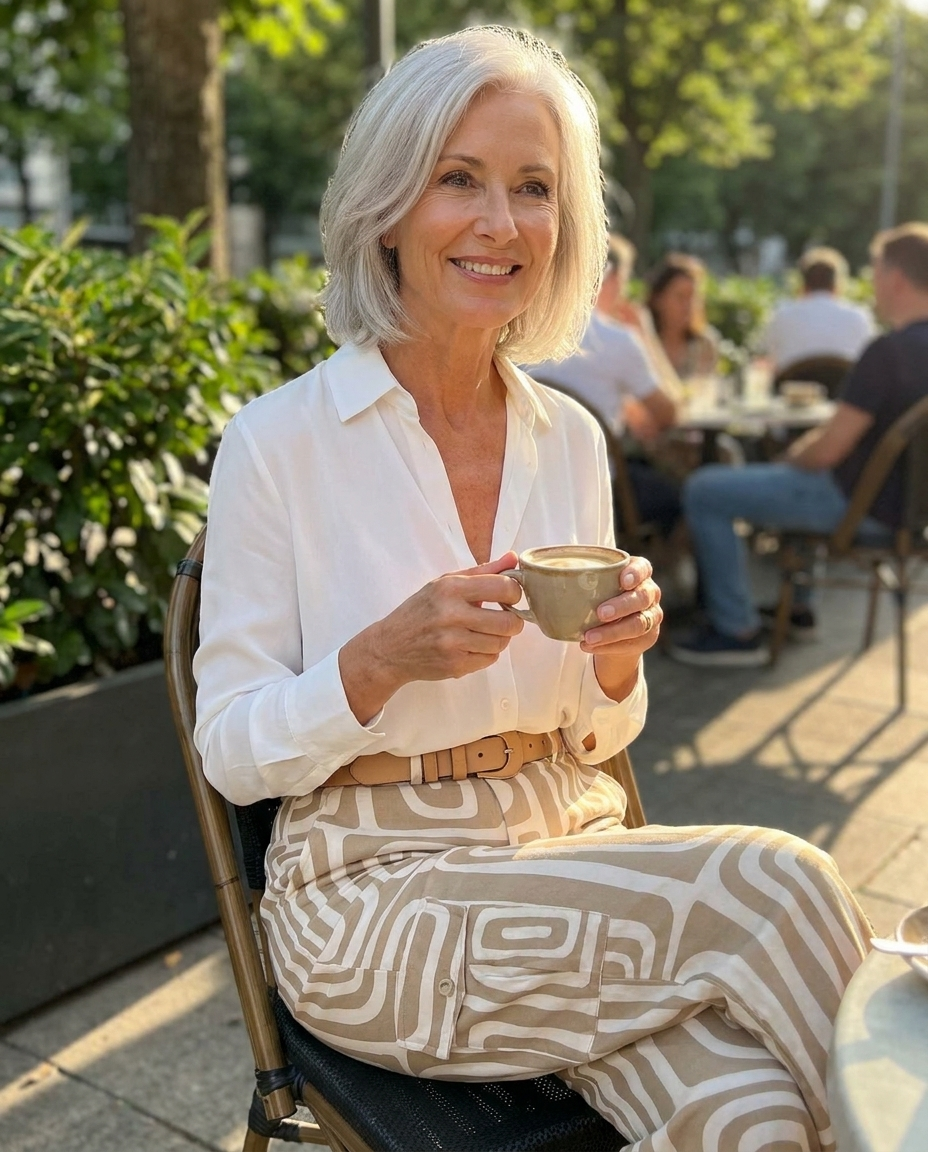 Woman in khaki printed wide-leg pants set enjoying coffee at an outdoor cafe