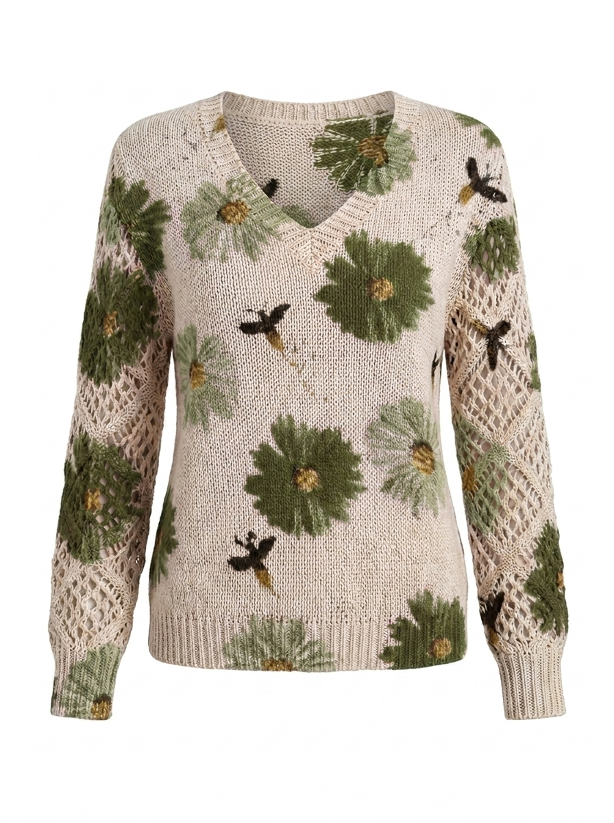 Women's floral knit V-neck sweater in cream with green daisies and open lattice sleeves