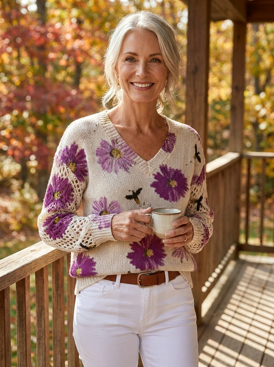 Woman on a sunlit porch wearing the cream floral knit sweater with purple daisies