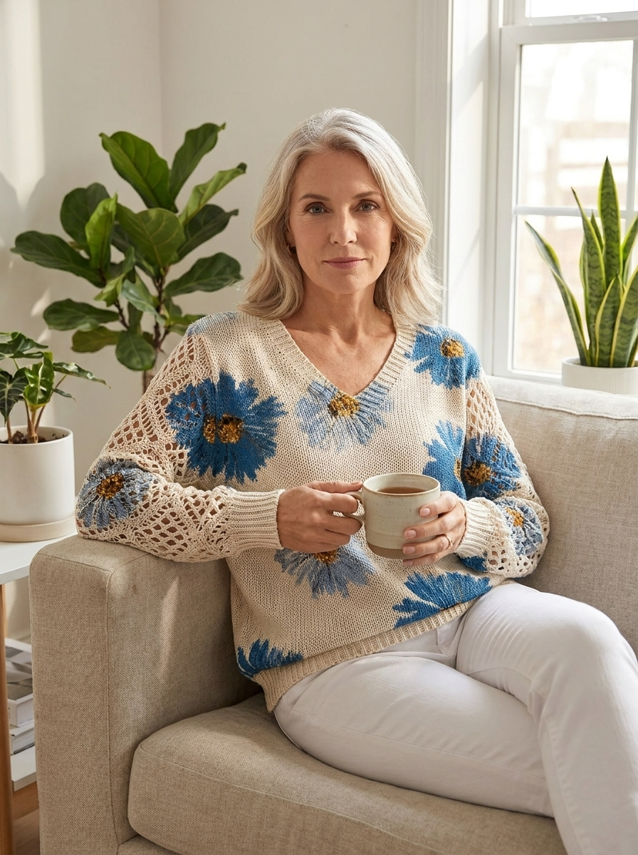 Woman relaxing indoors wearing the cream floral knit sweater with blue daisies